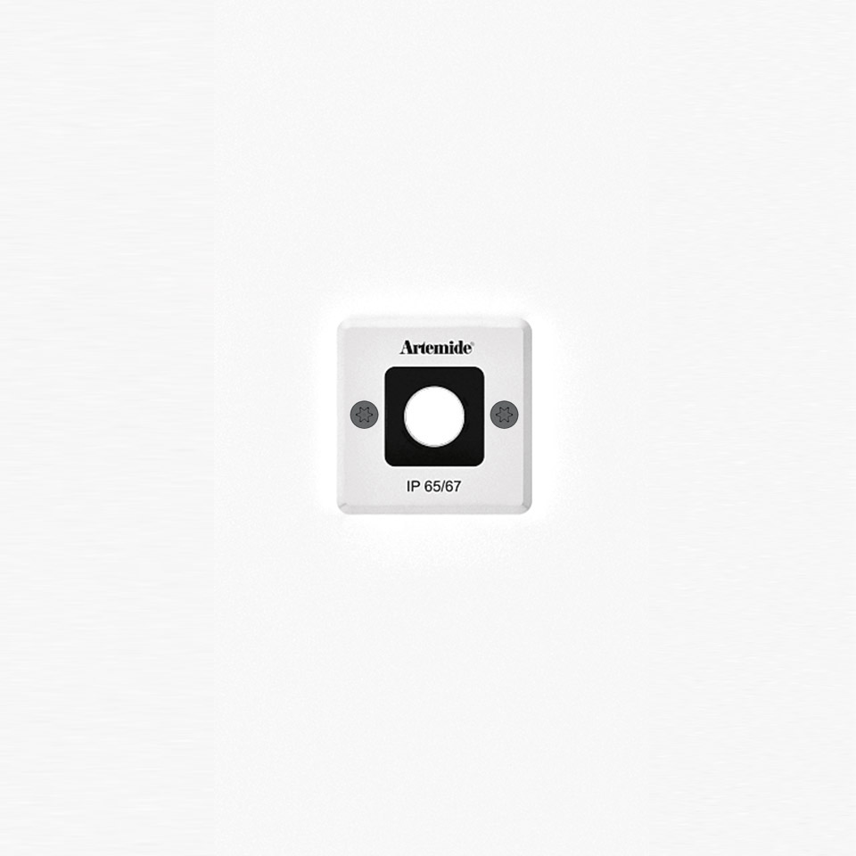 Artemide Ego 55 downlight recessed fixture, white square frame with black insert, IP65/67 rated for outdoor use
