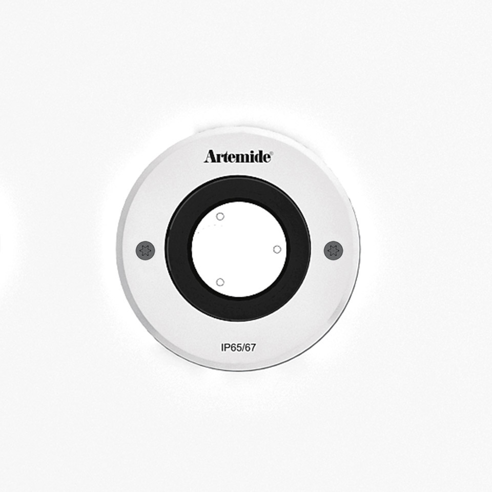 Artemide Ego 90 walk-over recessed ground light, circular white trim with black inner ring, IP65/67 rated