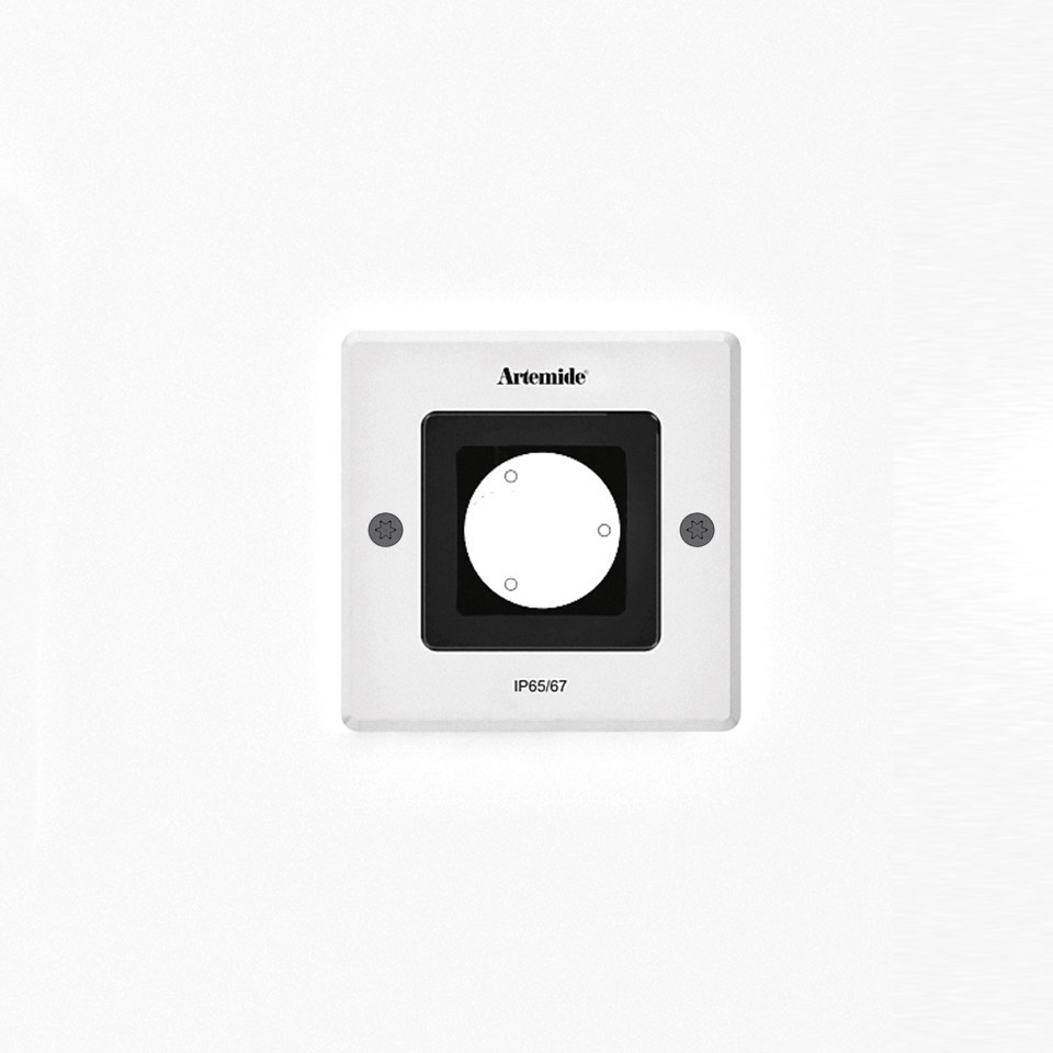 Artemide Ego 90 walk-over recessed floor light, white square housing with black inner frame, IP65/67 rated