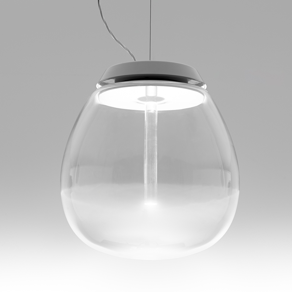 Artemide Empatia pendant lamp: large clear glass teardrop diffuser with central LED light column and grey metal canopy