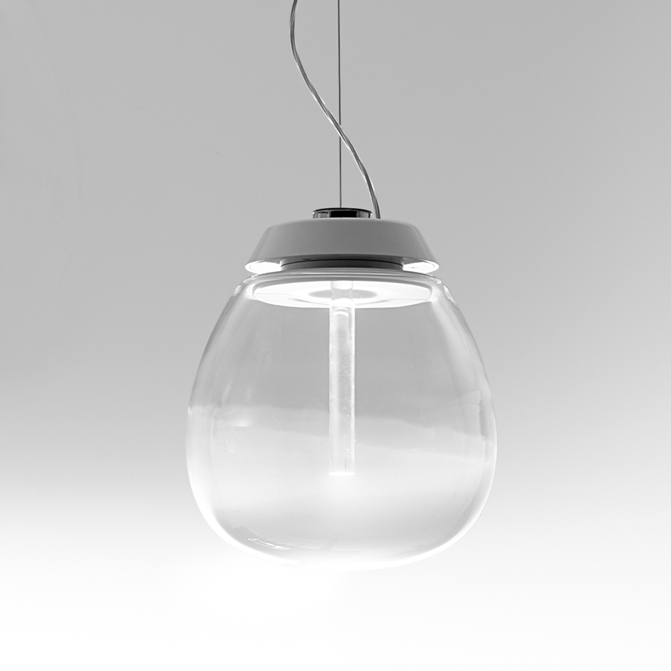 Artemide Empatia pendant lamp: clear blown glass globe shade with grey metal top cap and central LED light source on grey cable