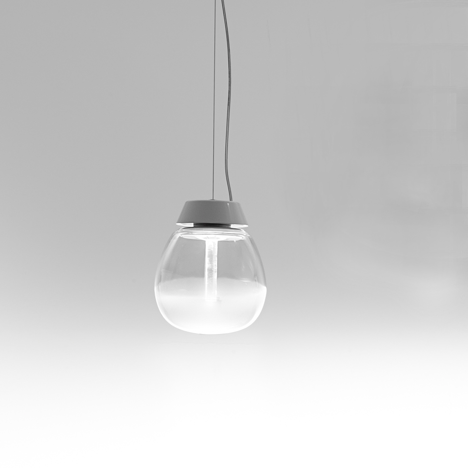 Artemide Empatia pendant lamp: round clear glass globe diffuser with grey metal top cap, suspended by a grey cable