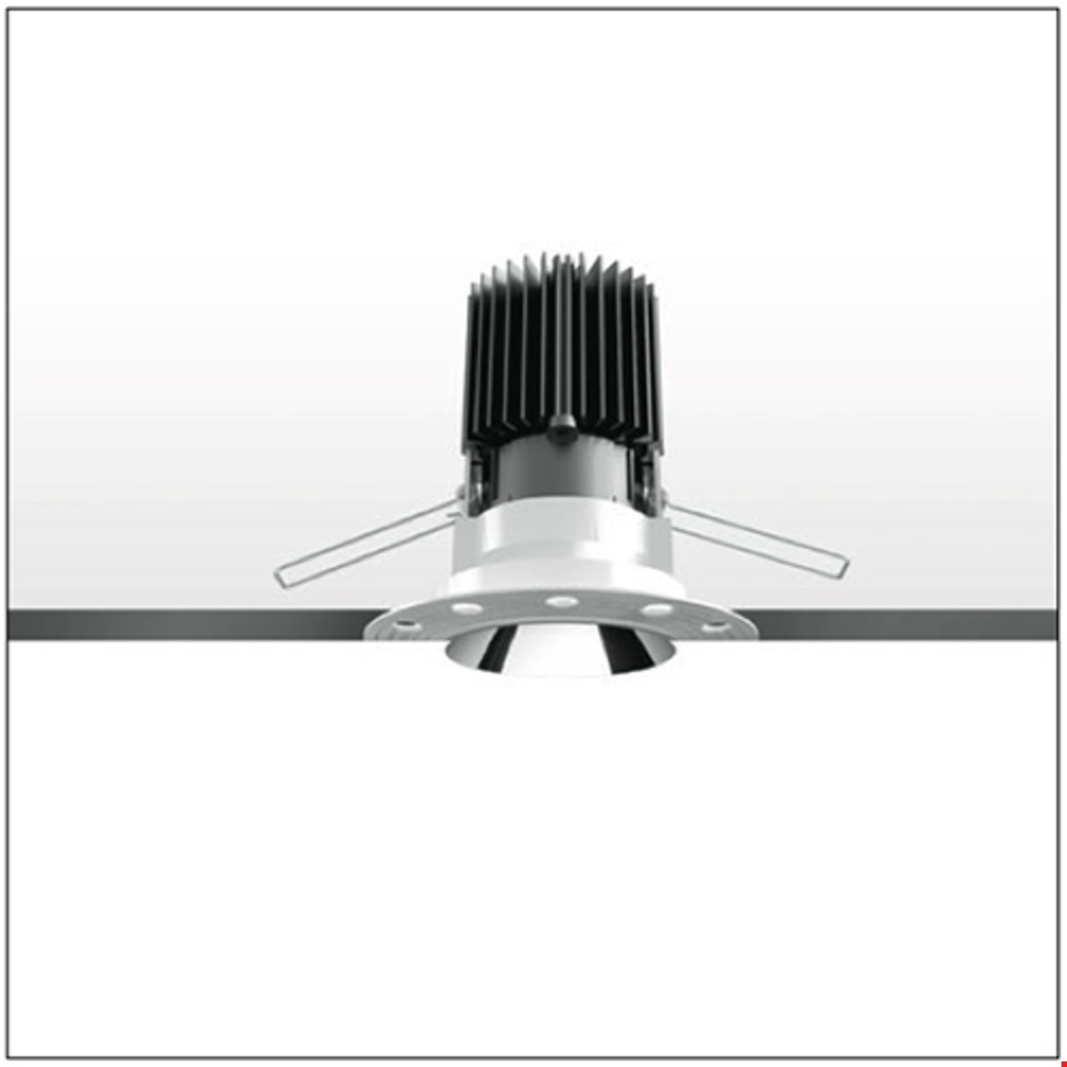 Faretto da incasso LED Artemide Everything 105 Trimless con cornice rotonda bianca, alette di dissipazione nere e molle di montaggio
