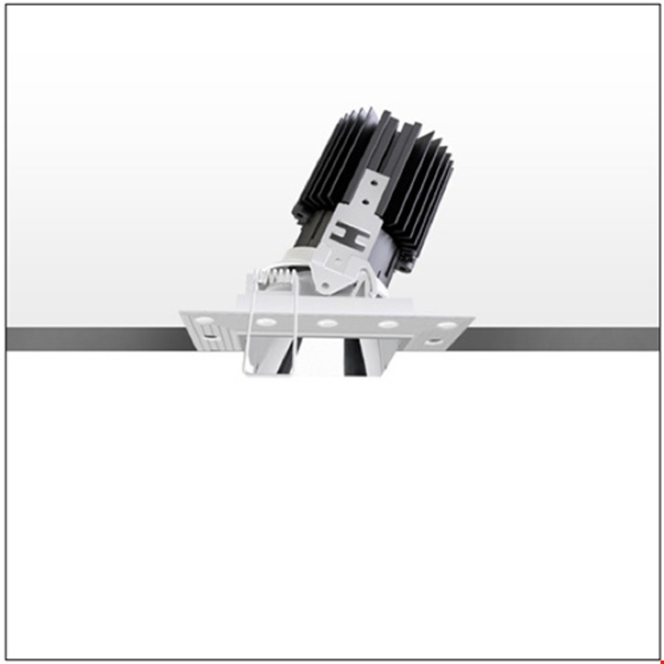 Faretto da incasso Artemide Everything 105 Trimless con testa orientabile nera a dissipatore e piastra di montaggio quadrata bianca senza cornice