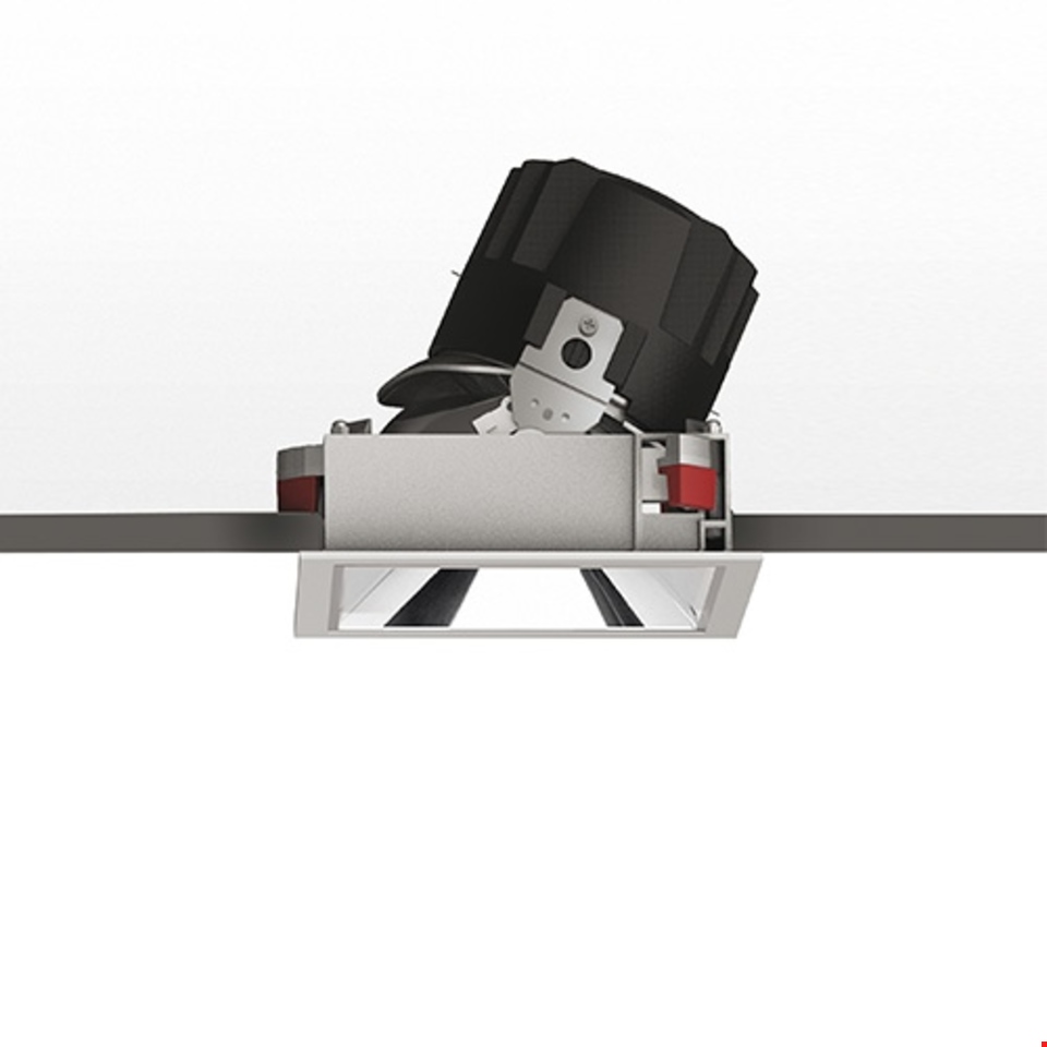 Artemide Everything 150 Trim recessed spotlight, square white trim, adjustable black LED module tilted, shown in ceiling cross-section