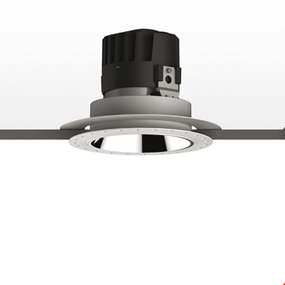 Artemide Everything 150 Trimless recessed ceiling downlight with chrome reflector, black heat sink, and flush-mount circular frame
