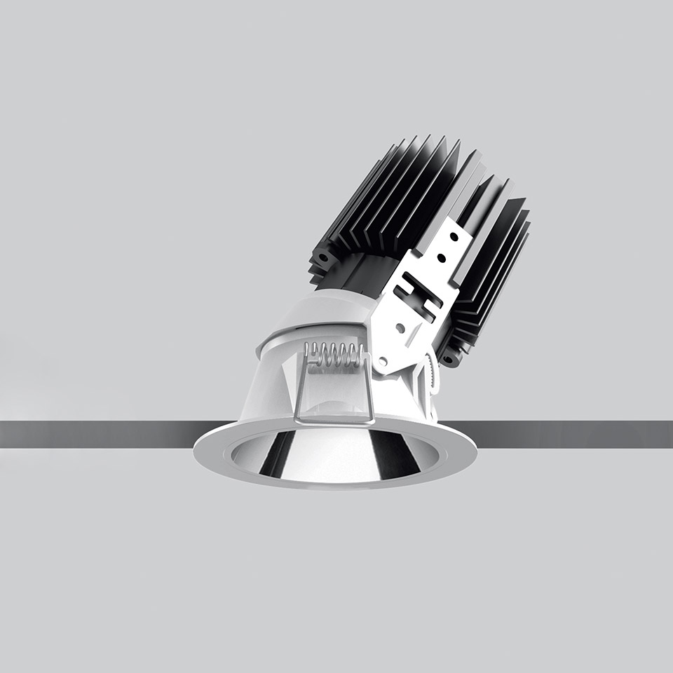 Artemide Everything 80 Trim recessed adjustable LED downlight with chrome reflector, white trim ring, and black heat sink