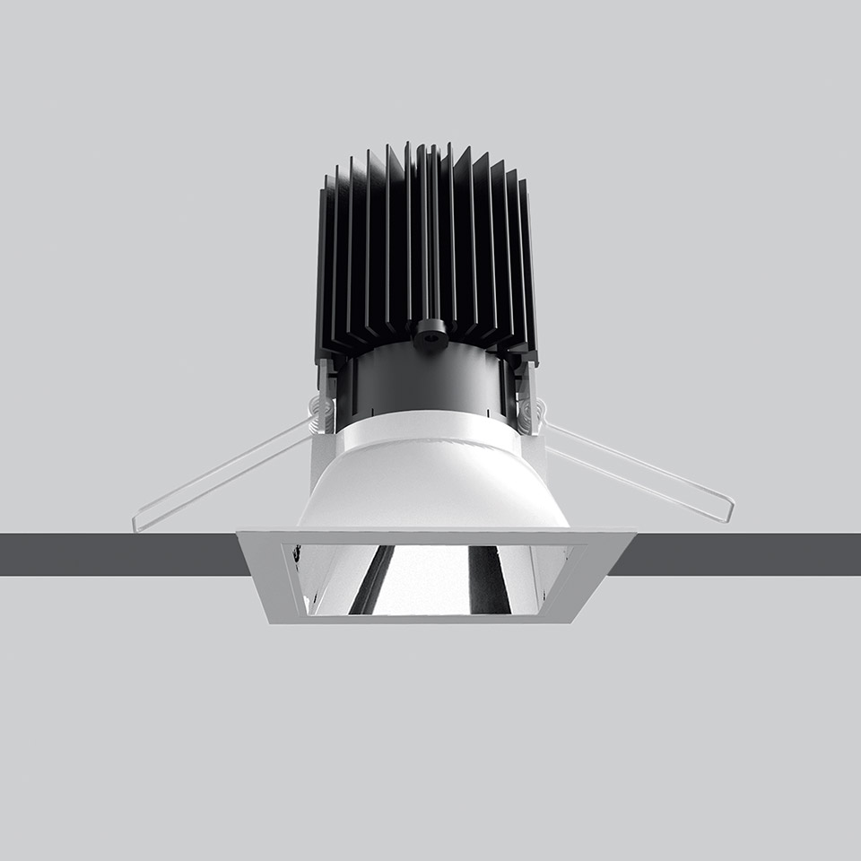 Artemide Everything 80 Trim square recessed LED downlight with white trim, chrome reflector, and black heat sink
