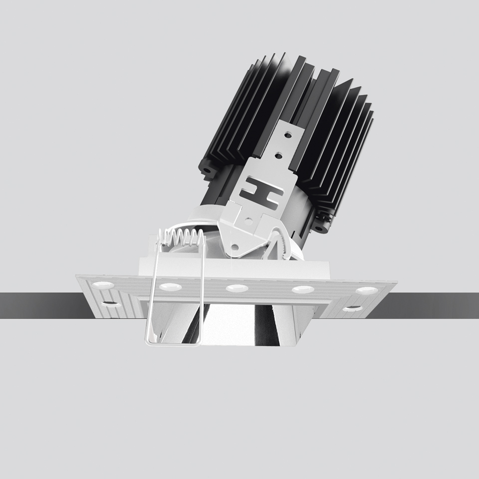 Faretto da incasso Artemide Everything 80 Trimless con modulo orientabile a dissipatore nero e cornice quadrata bianca senza bordo