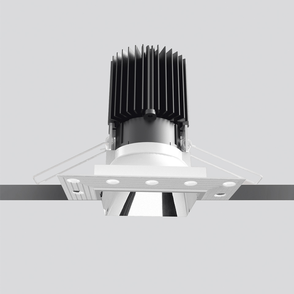 Faretto LED da incasso quadrato Artemide Everything 80 Trimless con cornice bianca, testa orientabile e dissipatore nero