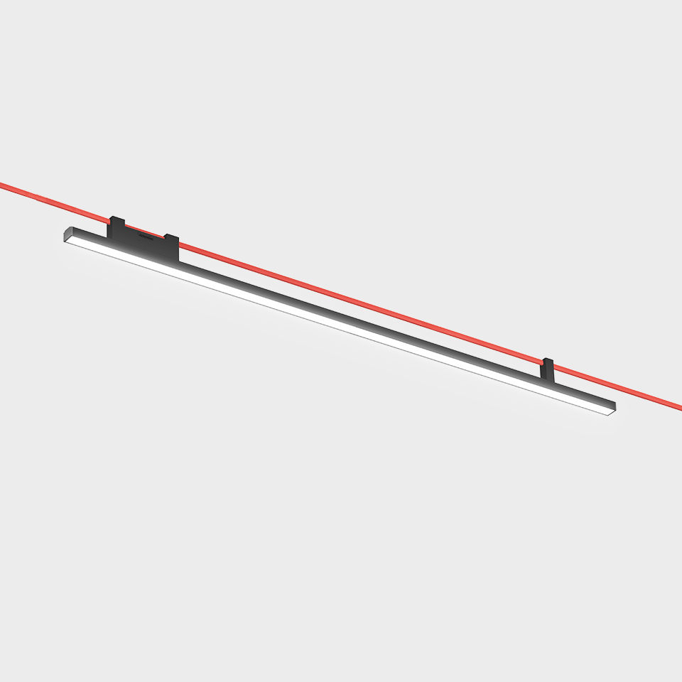 Artemide Funivia linear LED pendant light in dark finish, suspended diagonally on two red cables with white diffuser strip
