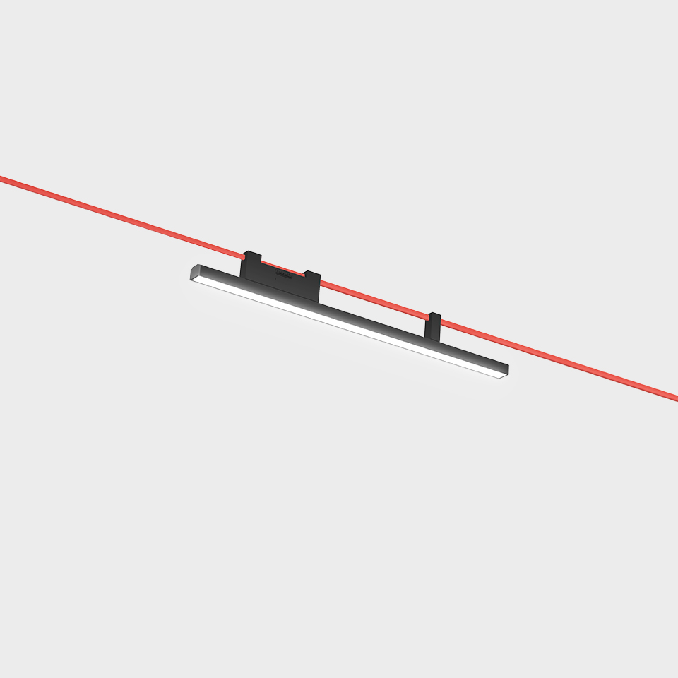 Artemide Funivia pendant light: slim dark linear LED fixture suspended on a red cable system against white background