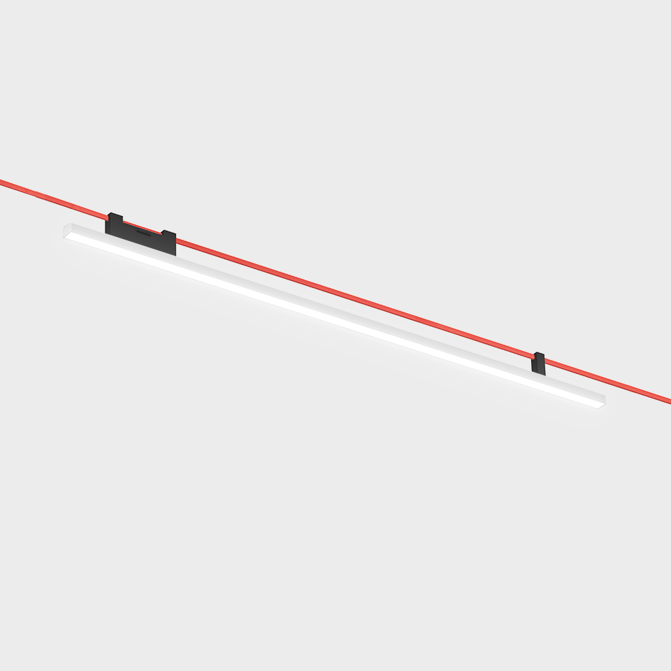 Artemide Funivia LED linear pendant lamp, slim white diffuser suspended by red cables with black mounting clips
