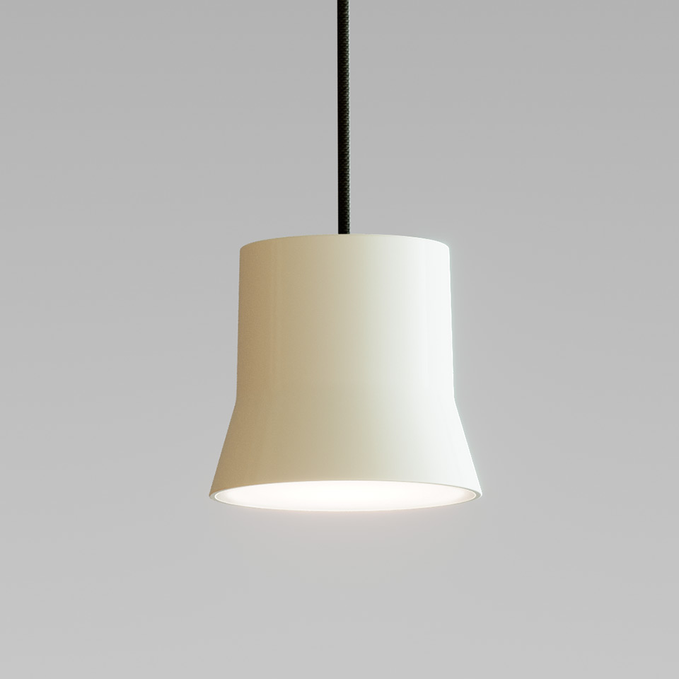 Artemide Giò Light suspension lamp with white ceramic bell-shaped shade and black textile cord, emitting warm downward light