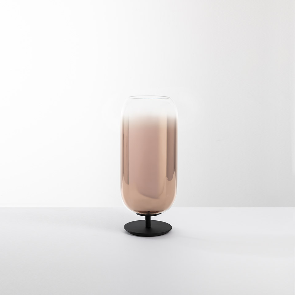 Artemide Gople table lamp: tall capsule-shaped bronze-tinted glass diffuser with gradient effect on a round black metal base