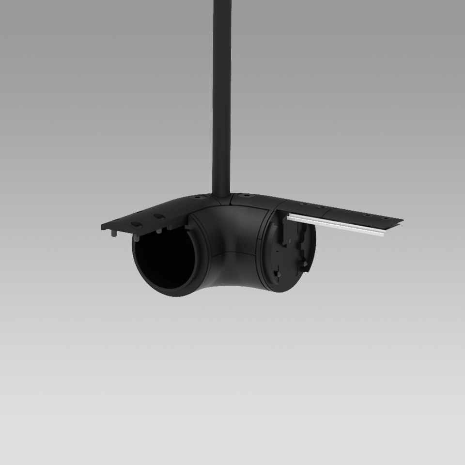 Artemide Gople System: rosone nero a soffitto con giunto a gomito curvo e connettore per binario, sospeso da un'asta per installazione luminosa modulare