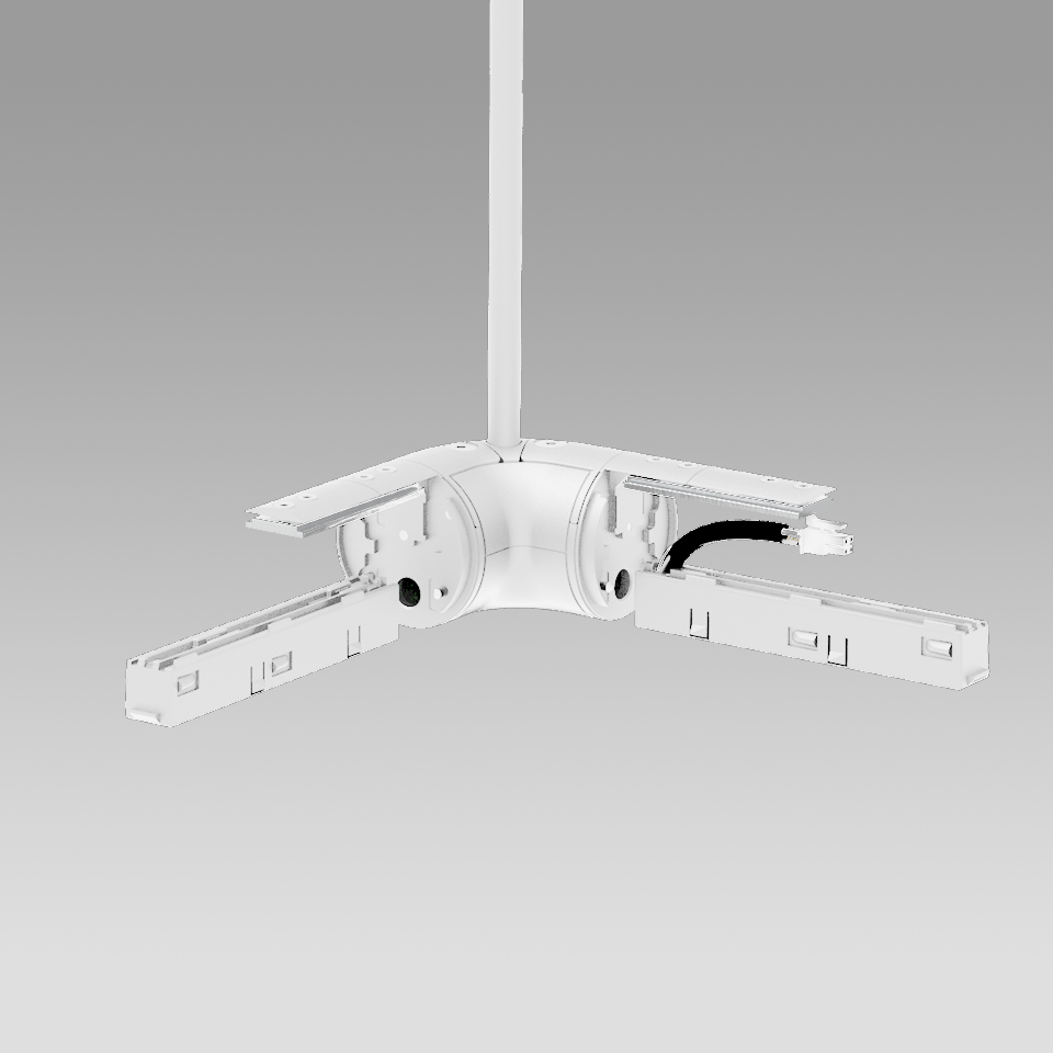 Nodo di giunzione a sospensione soffitto Artemide Gople System bianco a forma di T con due bracci binario orizzontali e cavo centrale