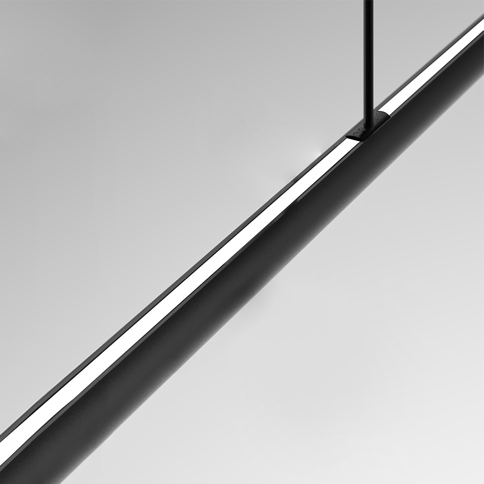 Artemide Gople System: elegante lampada a sospensione cilindrica nera con una sottile striscia LED continua lungo tutta la lunghezza