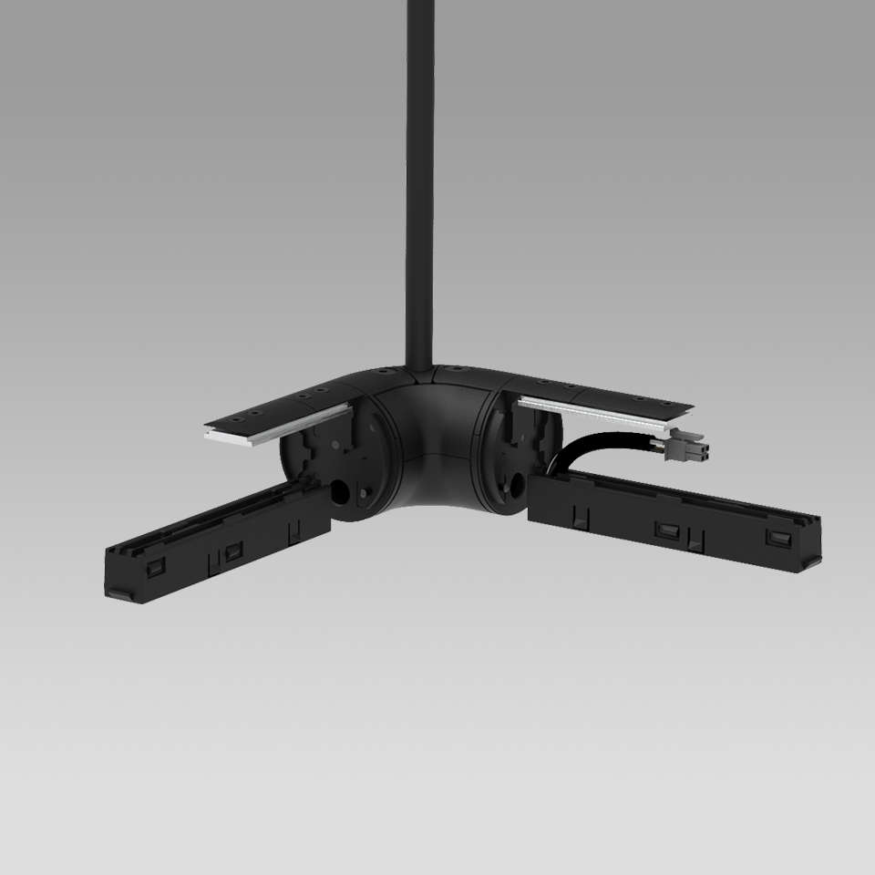 Artemide Gople System: connettore a giunzione binario a soffitto nero a forma di T con asta di sospensione e cablaggio elettrico per illuminazione modulare