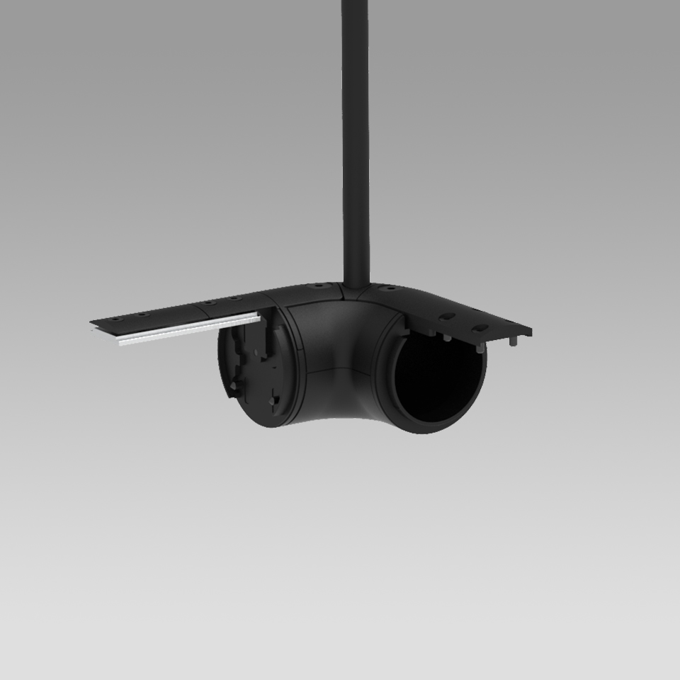 Artemide Gople System: rosone nero a soffitto con giunto a gomito e connettore per binario, progettato per installazione a sospensione modulare