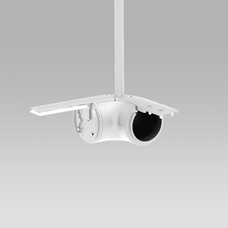 Artemide Gople System: faretto orientabile da soffitto bianco con testa sferica a interno nero, sospeso tramite asta con staffa di montaggio