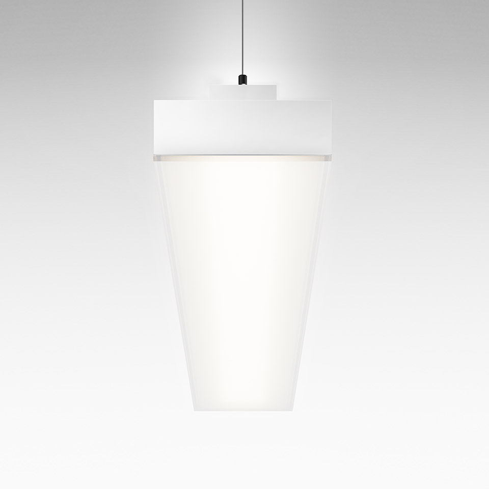 Artemide Hoy pendant lamp: white conical diffuser with rectangular top canopy, suspended by a black cord