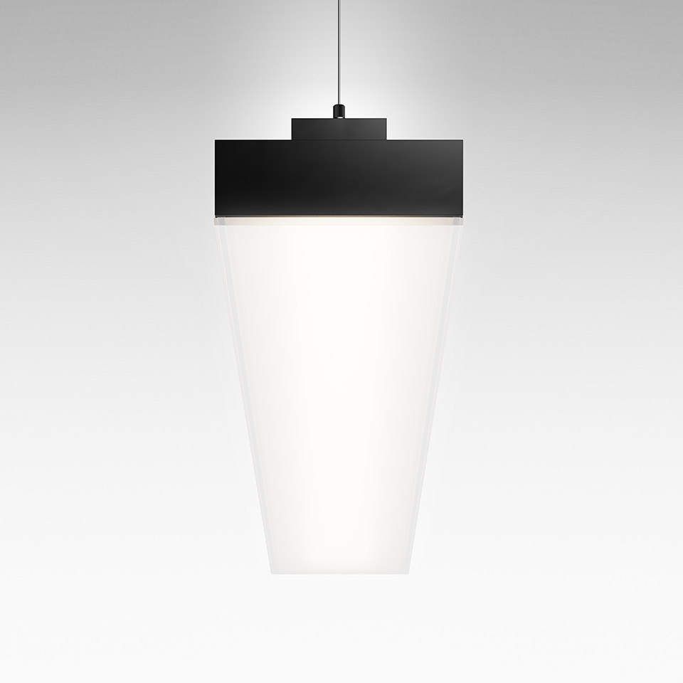 Artemide Hoy pendant lamp: conical white diffuser with black rectangular top canopy, suspended by a black cable