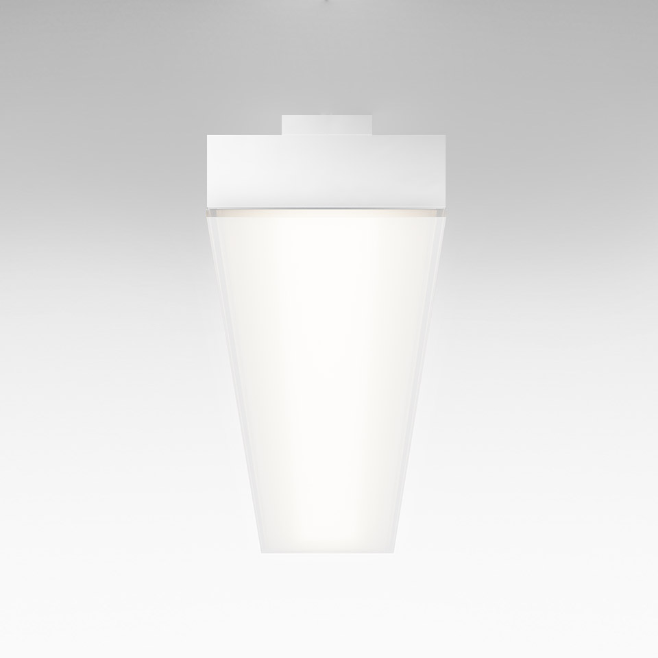 Applique Artemide Hoy: diffusore trapezoidale bianco con staffa rettangolare superiore, per luce soffusa verso l'alto e il basso
