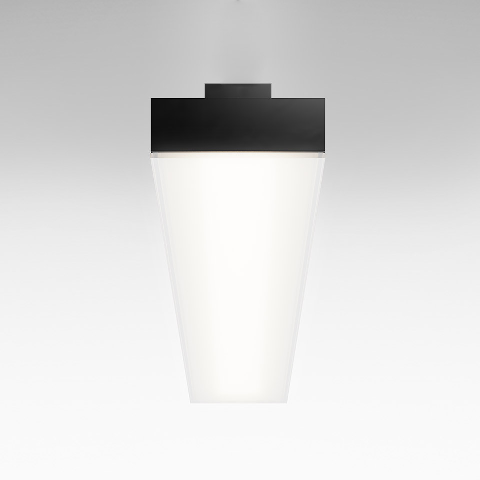 Lampada da soffitto Artemide Hoy System: corpo superiore rettangolare nero con diffusore conico bianco che emette luce morbida verso il basso