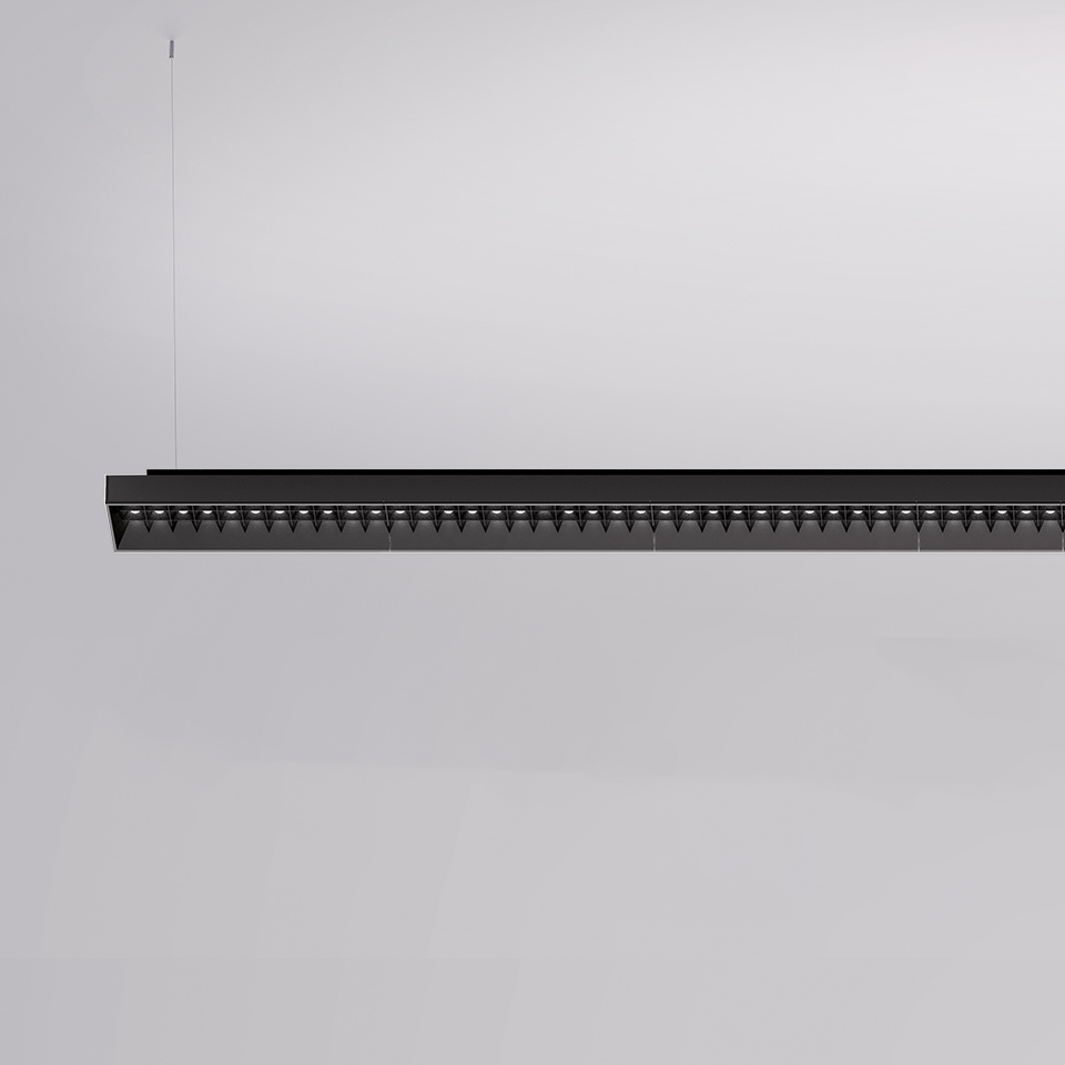 Artemide Hoy System: elegante lampada a sospensione lineare nera con moduli LED anti-abbagliamento a lamelle, sospesa da sottili cavi