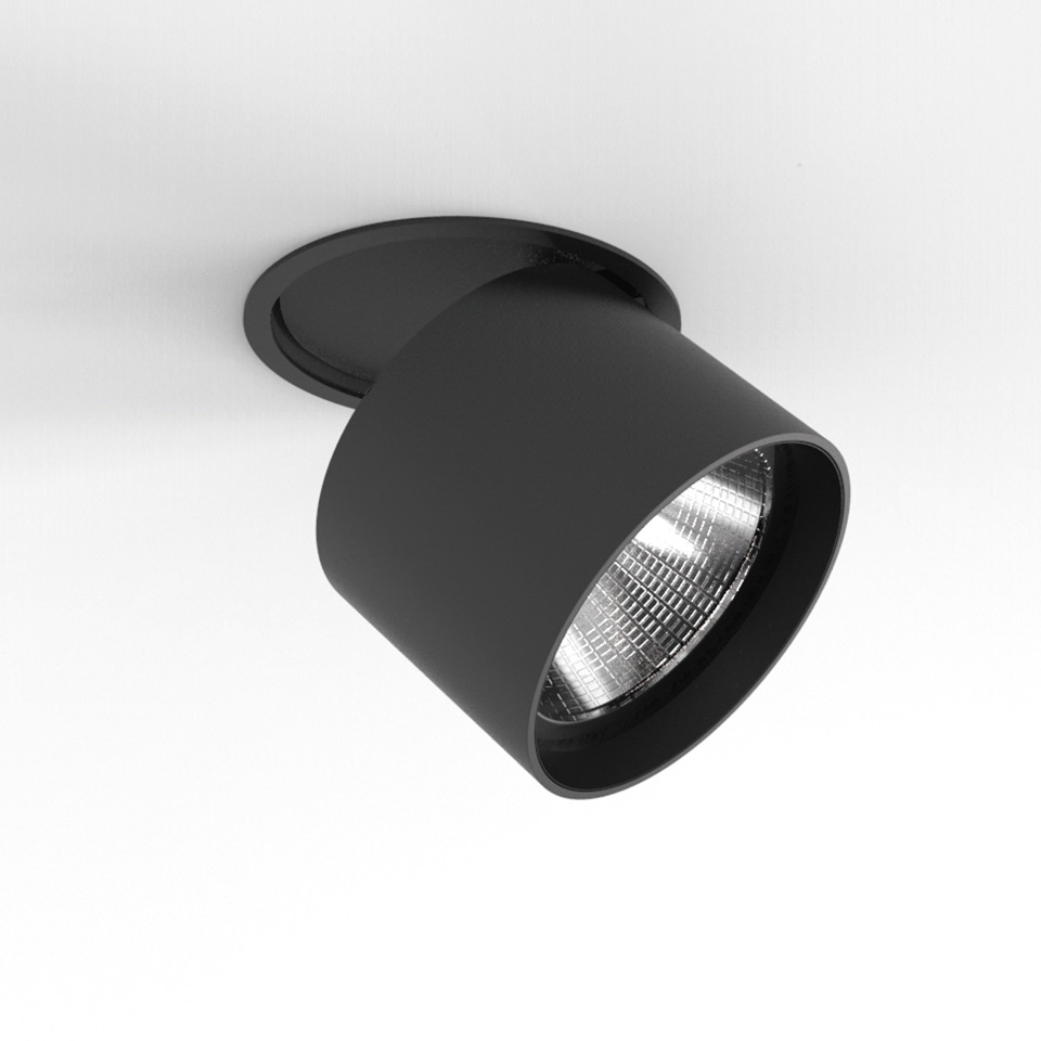 Faretto da incasso a soffitto Artemide Hoy Spot in nero opaco, con testa cilindrica orientabile e sorgente luminosa LED