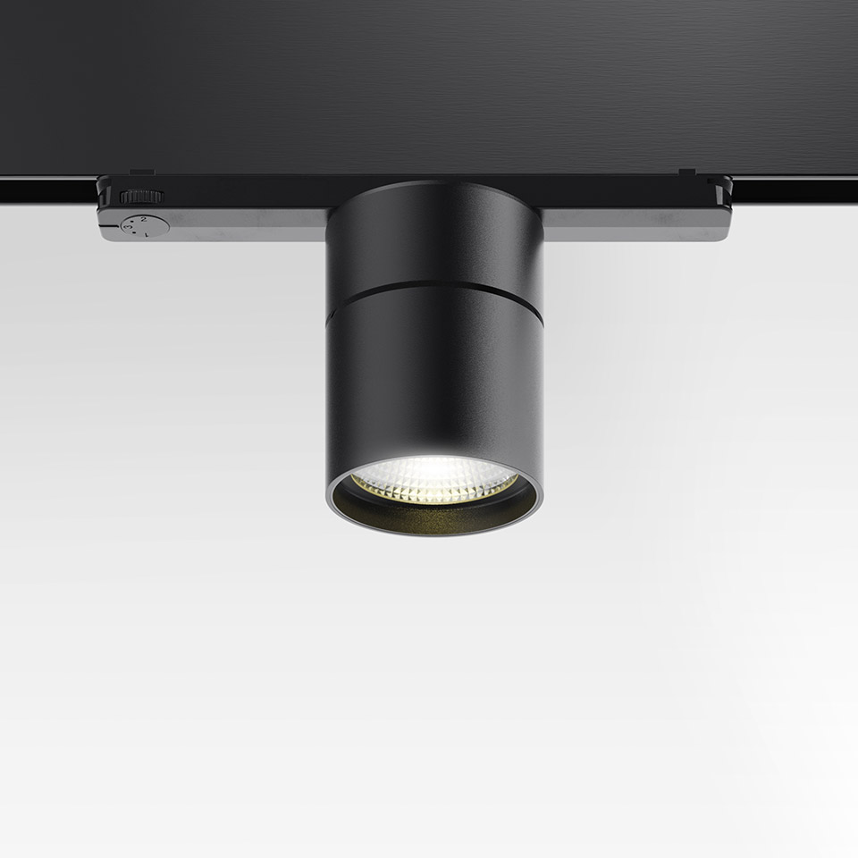 Artemide Hoy Spot 3-Phase Track: faretto LED cilindrico nero montato su binario trifase, orientato verso il basso - 2