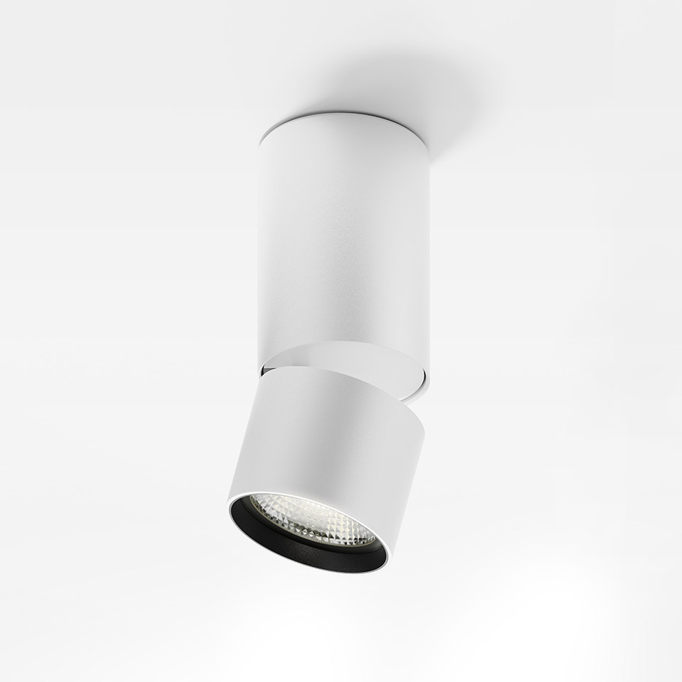 Artemide Hoy Spot SMD: faretti da soffitto cilindrici bianchi a superficie con testa orientabile e sorgente luminosa LED