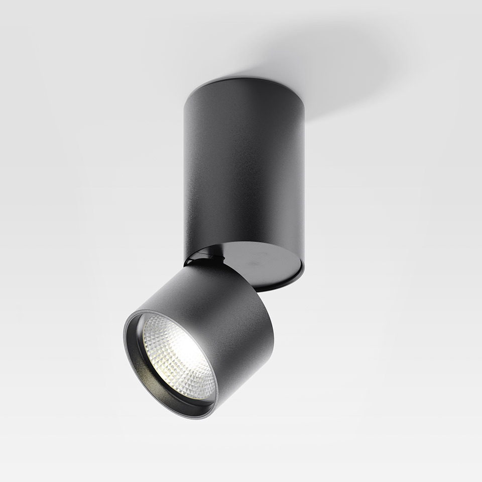 Artemide Hoy Spot SMD: faretto da soffitto nero orientabile con corpo cilindrico e testa LED inclinabile a montaggio superficiale