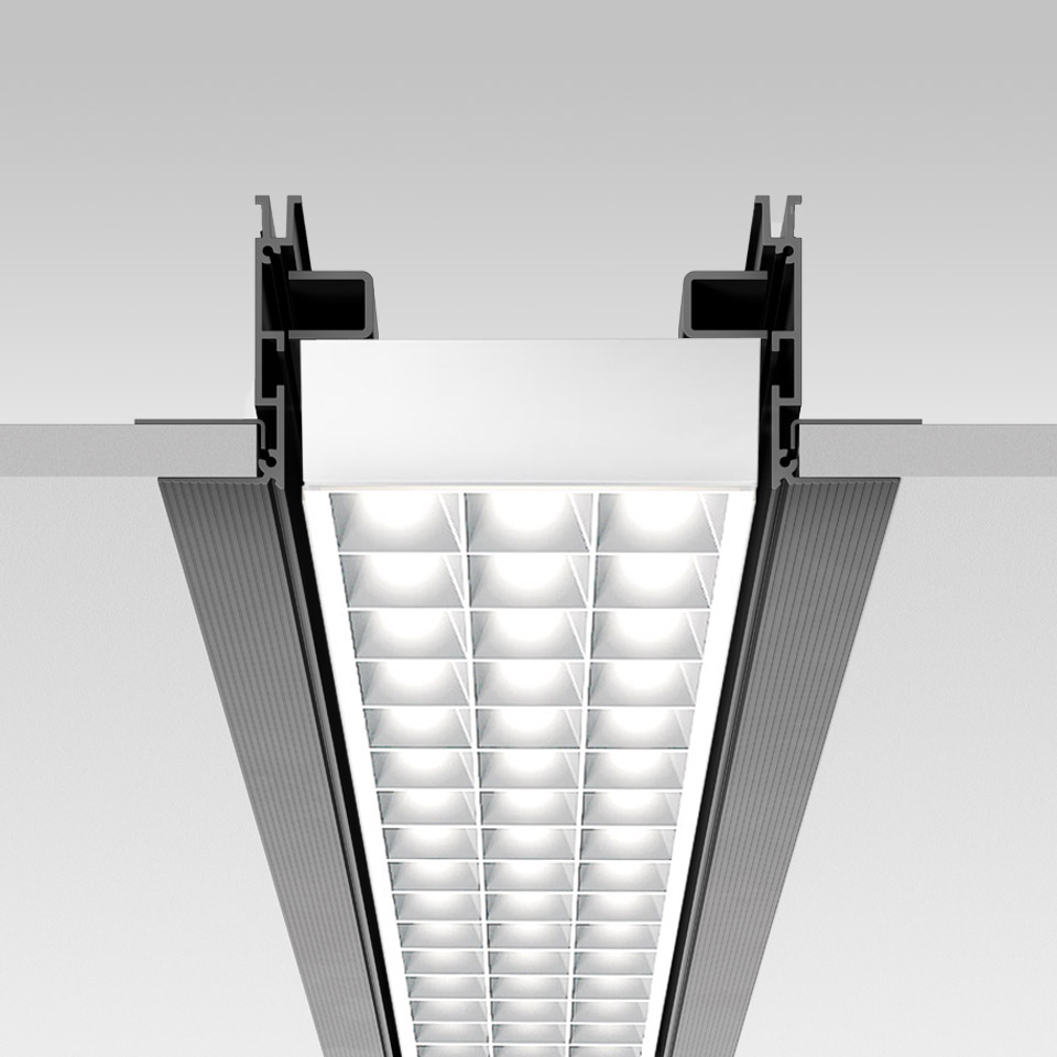 Artemide Hoy System Recessed linear LED fixture with louvered diffuser, flush-mounted in ceiling, anodized aluminum profile