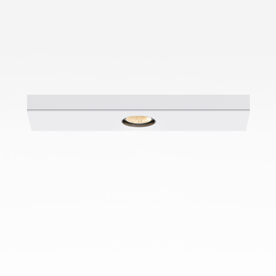 Artemide Hoy System Recessed: slim white rectangular ceiling fixture with a single adjustable LED spotlight in dark housing