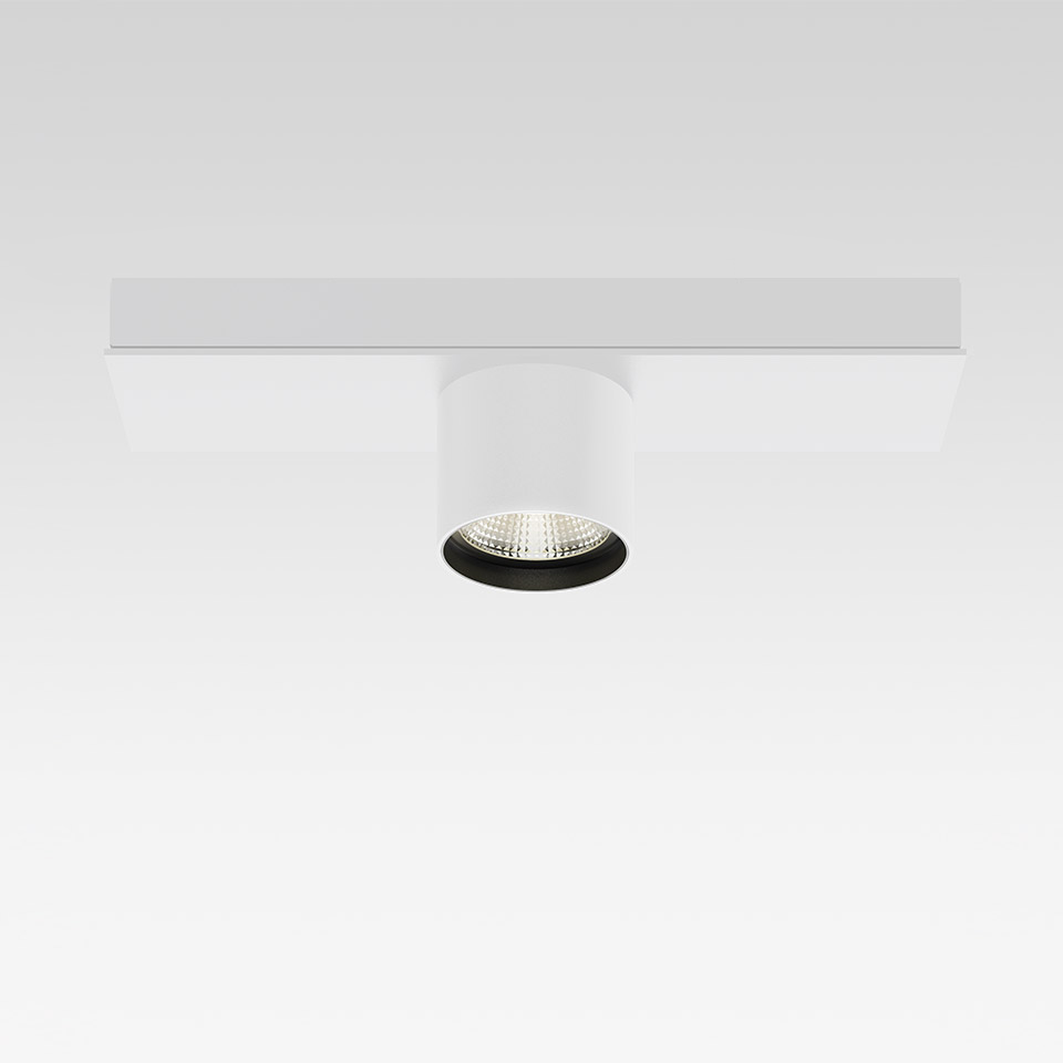 Artemide Hoy System Recessed spotlight: white rectangular base on track, adjustable cylindrical head with black LED lens