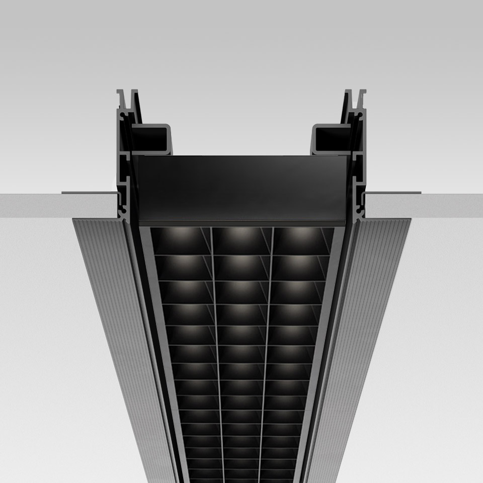 Artemide Hoy System Recessed linear LED fixture, cross-section view showing black louvered anti-glare grille flush-mounted in ceiling