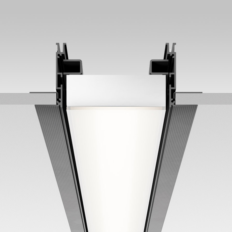 Artemide Hoy System Recessed linear light: anodized aluminum profile with conical diffuser, flush ceiling installation, warm white LED emission