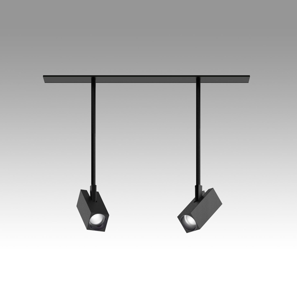 Artemide Katà Métron: due faretti LED cubici neri orientabili sospesi da una barra a soffitto tramite sottili aste