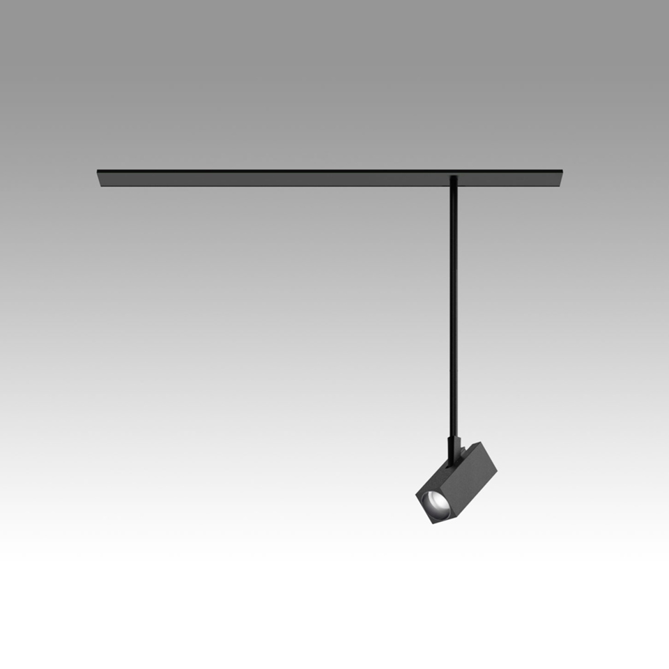 Faretto da binario Artemide Katà Métron nero con testa quadrata orientabile su asta a sospensione montata su binario a soffitto