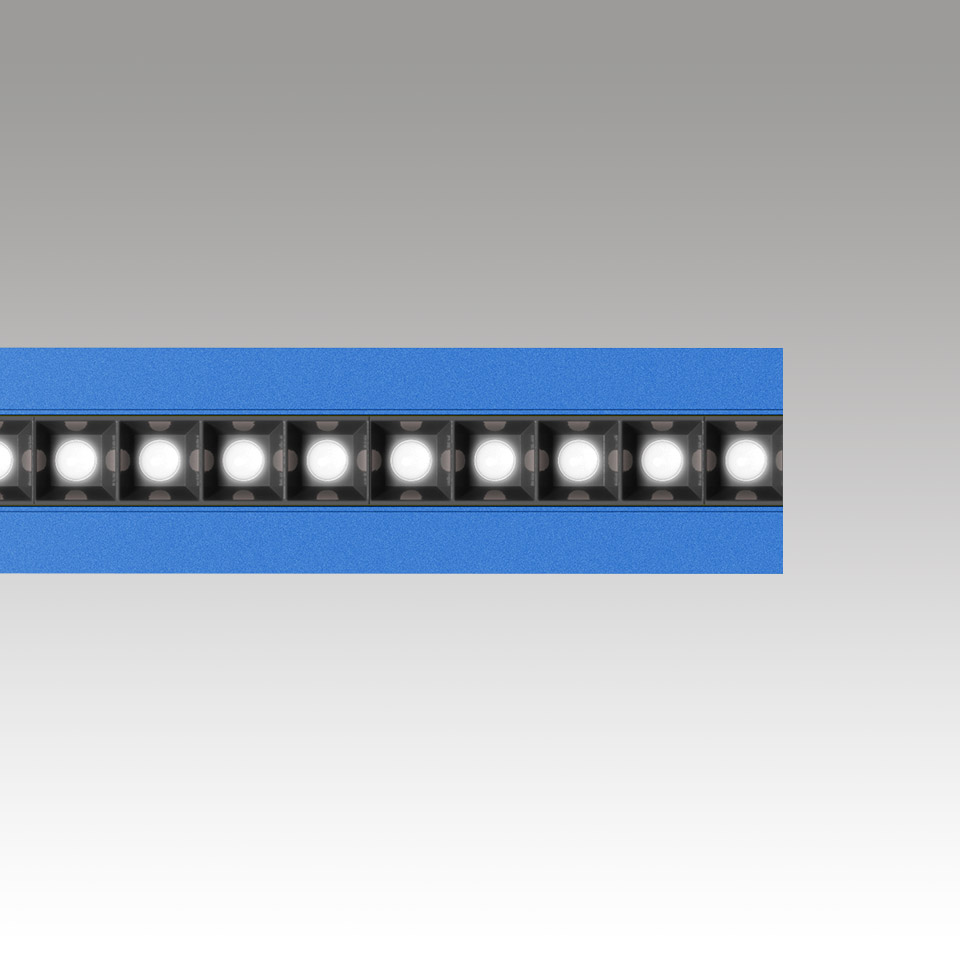 Apparecchio luminoso lineare a LED Artemide Katà Métron con LED bianchi equidistanti montati su profilo in alluminio blu