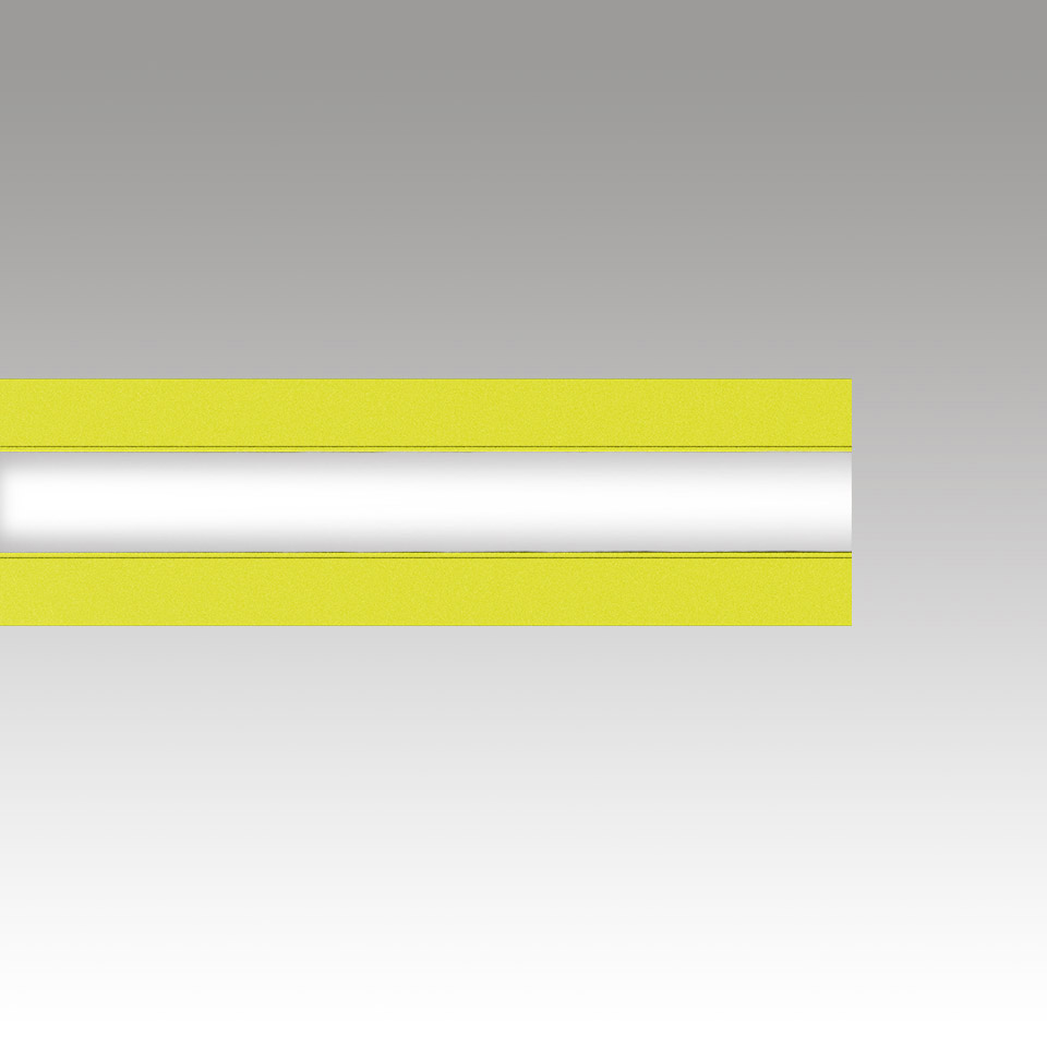 Lampada da parete lineare LED Katà Métron di Artemide, con tubo luminoso bianco brillante incorniciato da due profili in alluminio giallo-verde vivace