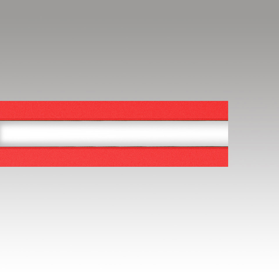 Lampada lineare LED Katà Métron di Artemide, profilo orizzontale in alluminio rosso con diffusore centrale di luce bianca