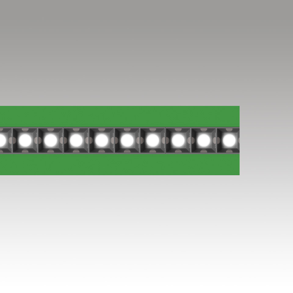 Striscia LED Katà Métron di Artemide: una fila di LED bianchi luminosi montati su un profilo verde, mostrata in dettaglio ravvicinato