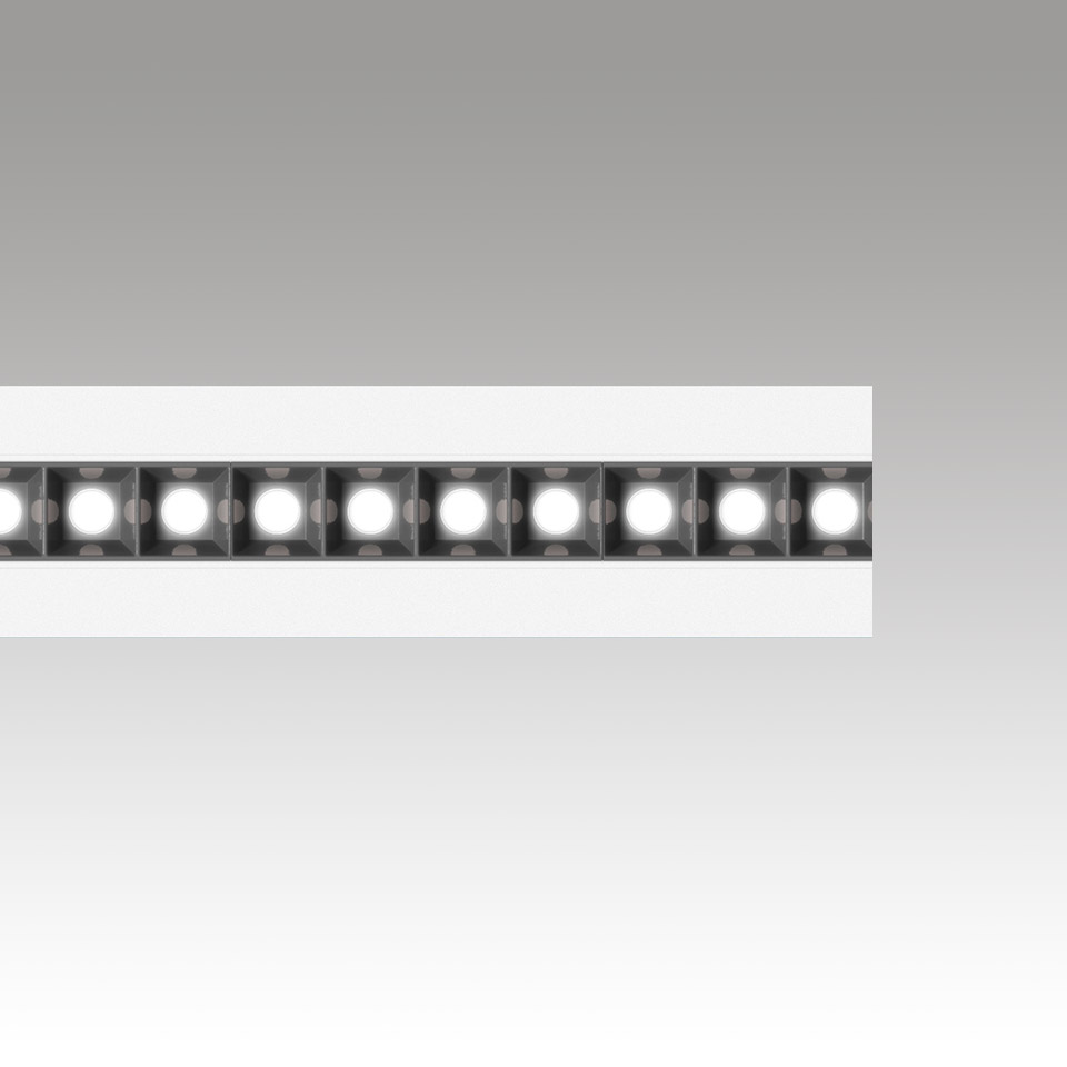 Apparecchio LED lineare Artemide Katà Métron con moduli LED quadrati a vista in profilo bianco in alluminio, luce diretta