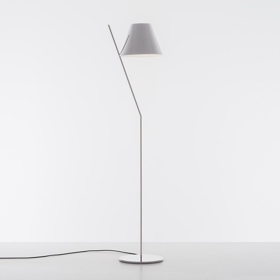 Artemide La Petite Floor lamp: slim angled grey metal stem with conical grey shade on a round white base