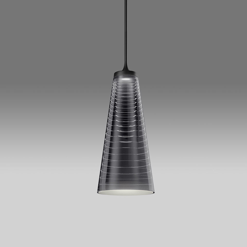 Artemide Look at Me pendant lamp: conical smoked glass shade with spiral wire detailing, suspended from a black cord
