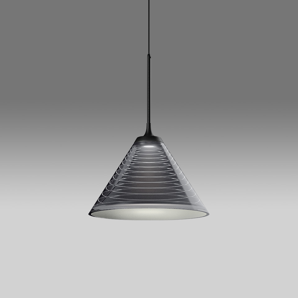 Artemide Look at Me pendant lamp: conical smoked glass shade with spiral white line pattern, suspended by a black cord