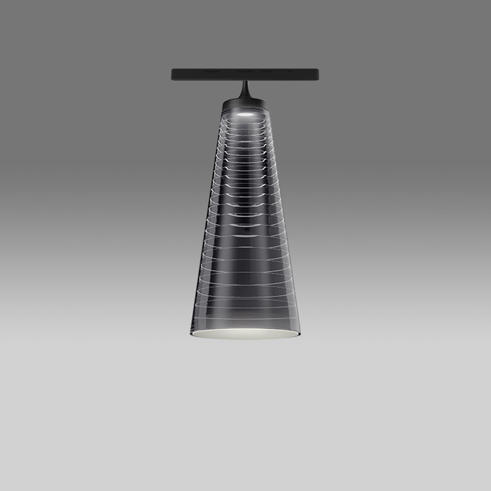 Artemide Look at Me System: conical smoked glass pendant with horizontal ribbing, mounted on black track ceiling fixture